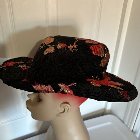 Unique Vintage Hat Black Red floral tassel - Picture 4 of 10